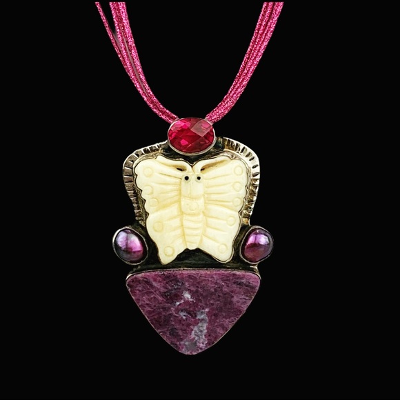 Hand Carved Butterfly Pearl Tourmaline Pin Pendant - Picture 6 of 11
